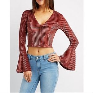 Stripe Velvet Belle Sleeve Cropped Top